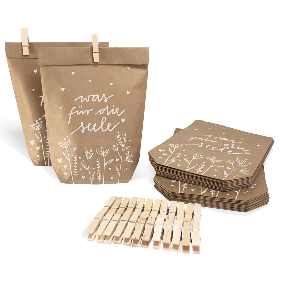24 Geschenktüten - was für die Seele | für persönliche Geschenke & Süßes zu Weihnachten, Geburtstag, Abschied | Geschenkpapier Alternative | 14 x 22 cm | mit 24 FSC Holz Miniklammern