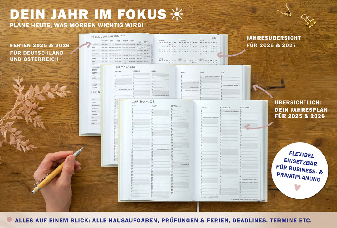 A5 Terminkalender – Studienplaner 2025 2026 | 18 Monate Wochenplaner mit Gummiband | Hardcover Terminplaner im Spalten-Layout | Gelb Blau Rosa