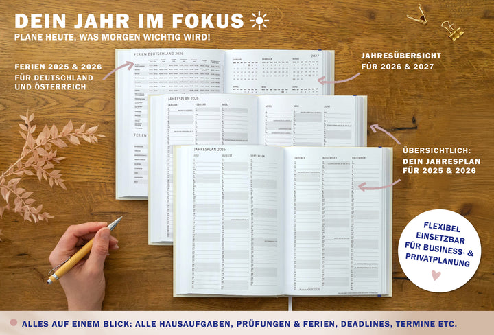 A5 Terminkalender – Studienplaner 2025 2026 | 18 Monate Wochenplaner mit Gummiband | Hardcover Terminplaner im Spalten-Layout | Gelb Blau Rosa
