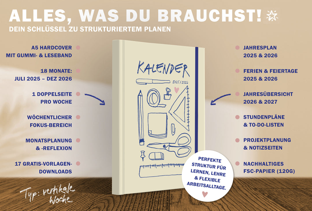 A5 Terminkalender – Studienplaner 2025 2026 | 18 Monate Wochenplaner mit Gummiband | Hardcover Terminplaner im Spalten-Layout | Gelb Blau Rosa