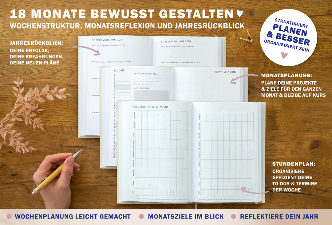 A5 Terminkalender – Studienplaner 2025 2026 | 18 Monate Wochenplaner mit Gummiband | Hardcover Terminplaner im Spalten-Layout | Gelb Blau Rosa