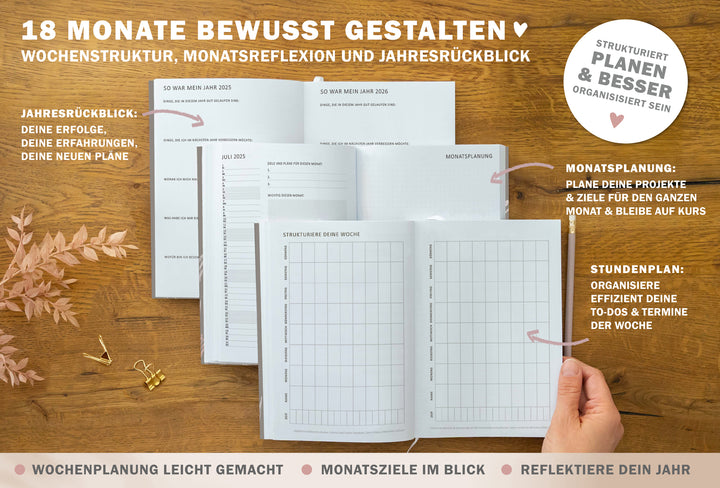 A5 Terminkalender – Studienplaner 2025 2026 | 18 Monate Wochenplaner mit Leseband | Softcover Taschenkalender & Terminplaner | Greige Weiß Rosa