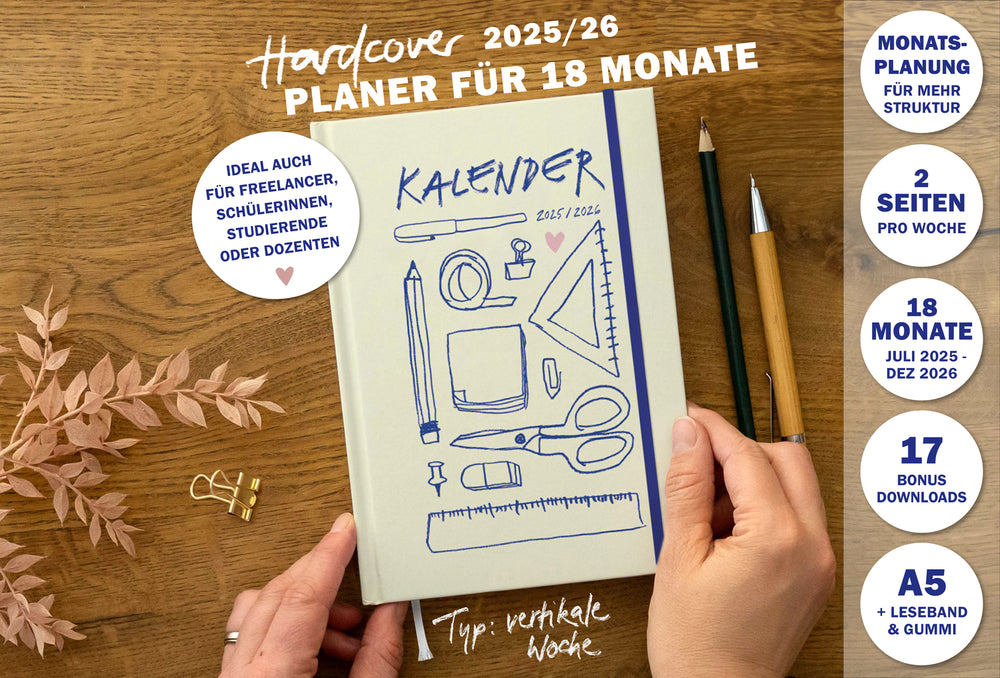 A5 Terminkalender – Studienplaner 2025 2026 | 18 Monate Wochenplaner mit Gummiband | Hardcover Terminplaner im Spalten-Layout | Gelb Blau Rosa