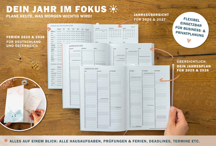 A5 Terminkalender – Studienplaner 2025 2026 | 18 Monate Wochenplaner mit Leseband | Softcover Terminplaner im Spalten-Layout | Weiß Blau Rosa