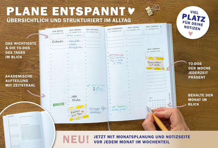 A5 Terminkalender – Studienplaner 2025 2026 | 18 Monate Wochenplaner mit Gummiband | Hardcover Terminplaner im Spalten-Layout | Gelb Blau Rosa