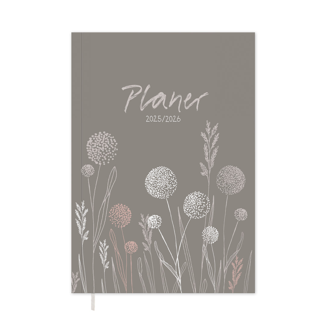 A5 Terminkalender – Studienplaner 2025 2026 | 18 Monate Wochenplaner mit Leseband | Softcover Taschenkalender & Terminplaner | Greige Weiß Rosa