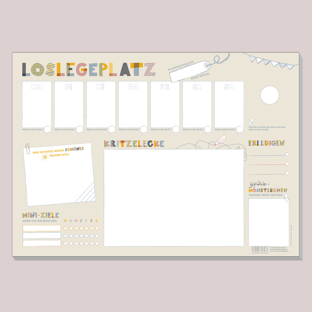 Schreibtischunterlage für Kinder mit Wochenplan und Kritzelbereich