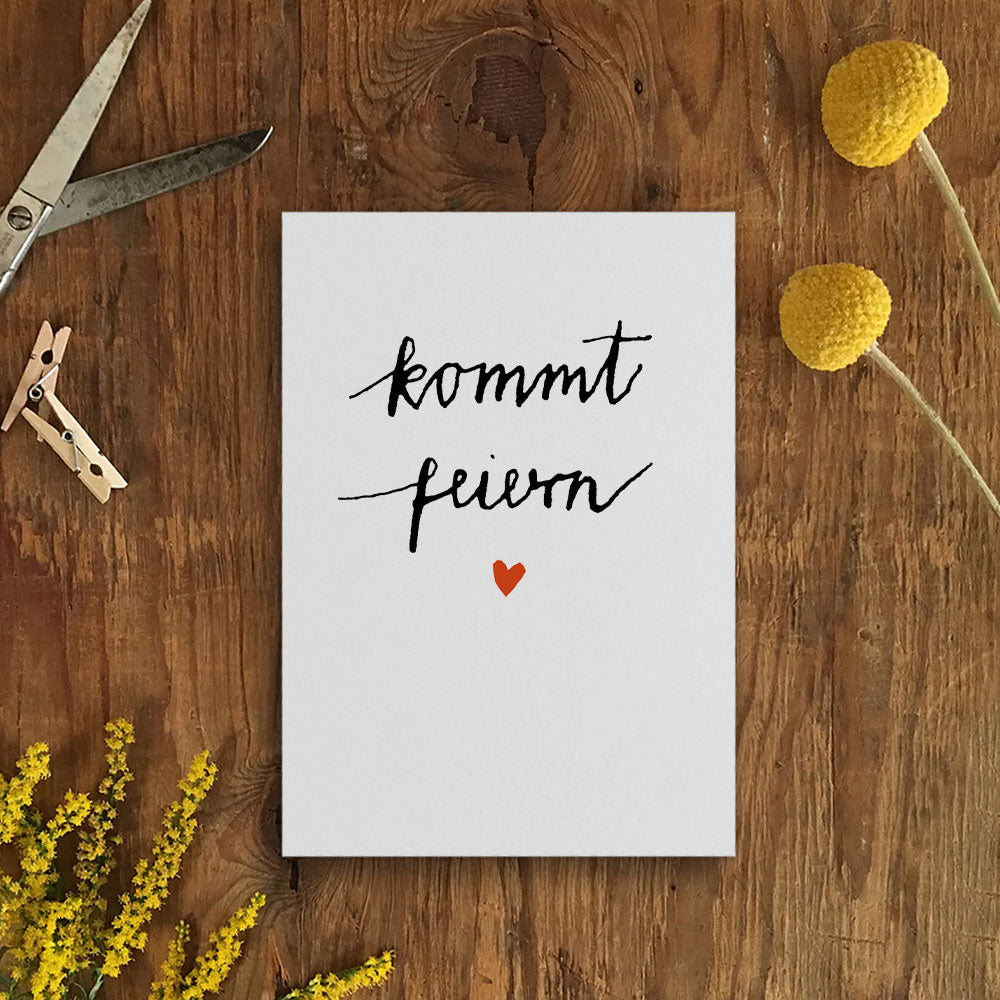 Einladungskarten - Kommt Feiern! - Postkarten, zeitlos schlichtes Kalligrafie Design, Schwarz Weiß, für deine Party oder Geburtstagseinladung