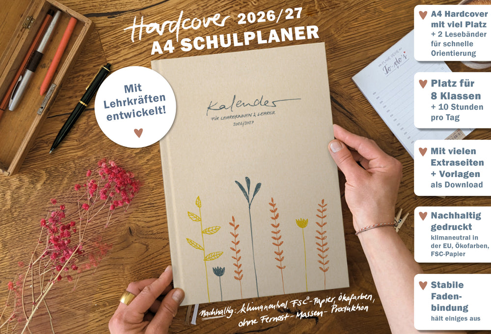 Lehrerkalender 2026 2027 | A4 Lehrer-Planer für Unterrichtsvorbereitung & Schuljahr Planung | 1 Doppelseite pro Woche | klimaneutral, creme mit Blumen