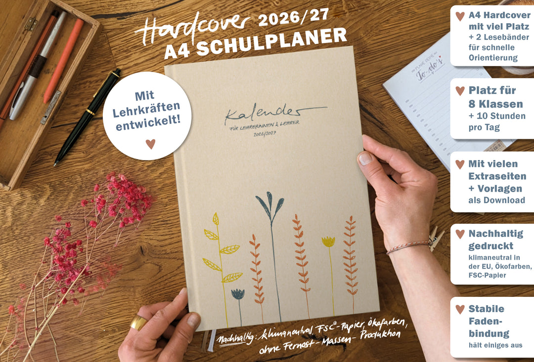 Lehrerkalender 2026 2027 | A4 Lehrer-Planer für Unterrichtsvorbereitung & Schuljahr Planung | 1 Doppelseite pro Woche | klimaneutral, creme mit Blumen