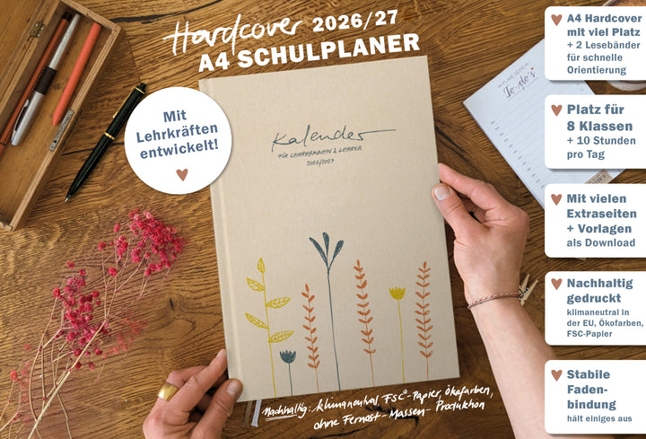 Lehrerkalender 2026 2027 | A4 Lehrer-Planer für Unterrichtsvorbereitung & Schuljahr Planung | 1 Doppelseite pro Woche | klimaneutral, creme mit Blumen