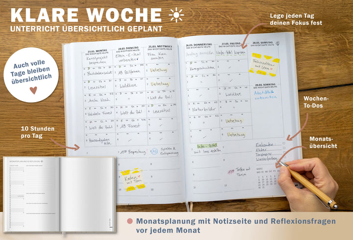 Lehrerkalender 2026 2027 | A4 Lehrer-Planer für Unterrichtsvorbereitung & Schuljahr Planung | 1 Doppelseite pro Woche | klimaneutral, creme mit Blumen