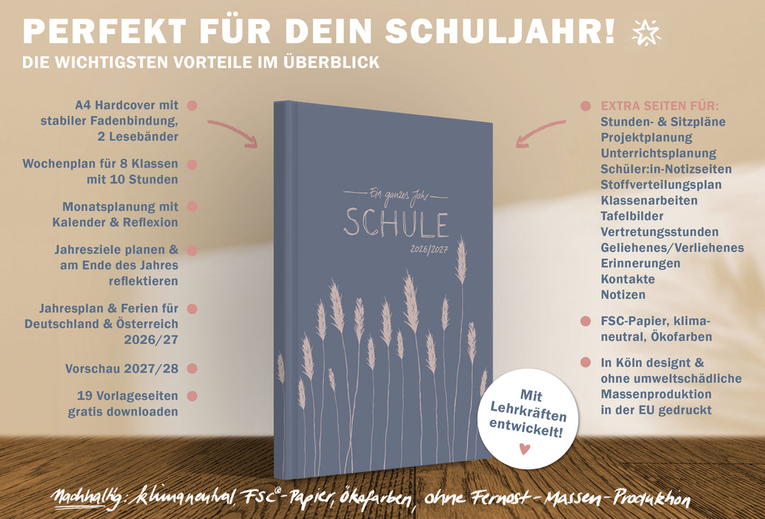 Lehrerkalender 2026 2027 | A4 Lehrer-Planer für Unterrichtsvorbereitung & Schuljahr Planung | 1 Doppelseite pro Woche | klimaneutral, blau rosa