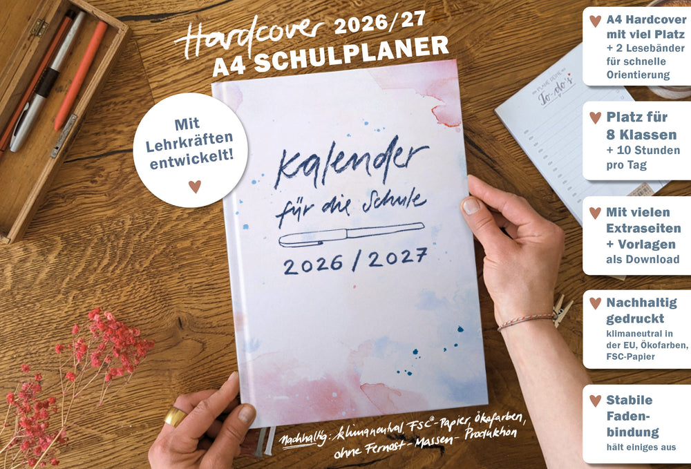 Lehrerkalender 2026 2027 | A4 Lehrer-Planer für Unterrichtsvorbereitung & Schuljahr Planung | 1 Doppelseite pro Woche | klimaneutral, weiß blau rosa