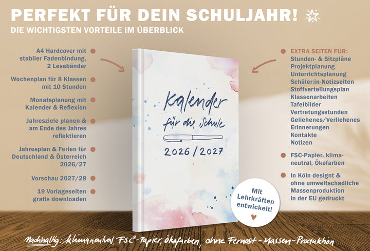 Lehrerkalender 2026 2027 | A4 Lehrer-Planer für Unterrichtsvorbereitung & Schuljahr Planung | 1 Doppelseite pro Woche | klimaneutral, weiß blau rosa