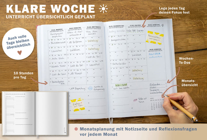 Lehrerkalender 2026 2027 | A4 Lehrer-Planer für Unterrichtsvorbereitung & Schuljahr Planung | 1 Doppelseite pro Woche | klimaneutral, weiß blau rosa