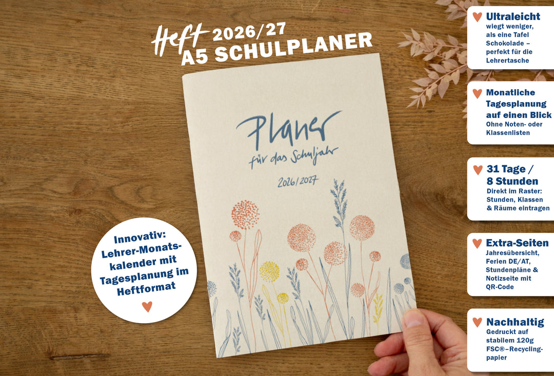 Leichter Lehrerkalender Heft 2026 2027 A5 Monatsplaner creme, nachhaltig auf FSC®-Recyclingpapier, klimaneutral gedruckt – Eine der Guten Verlag