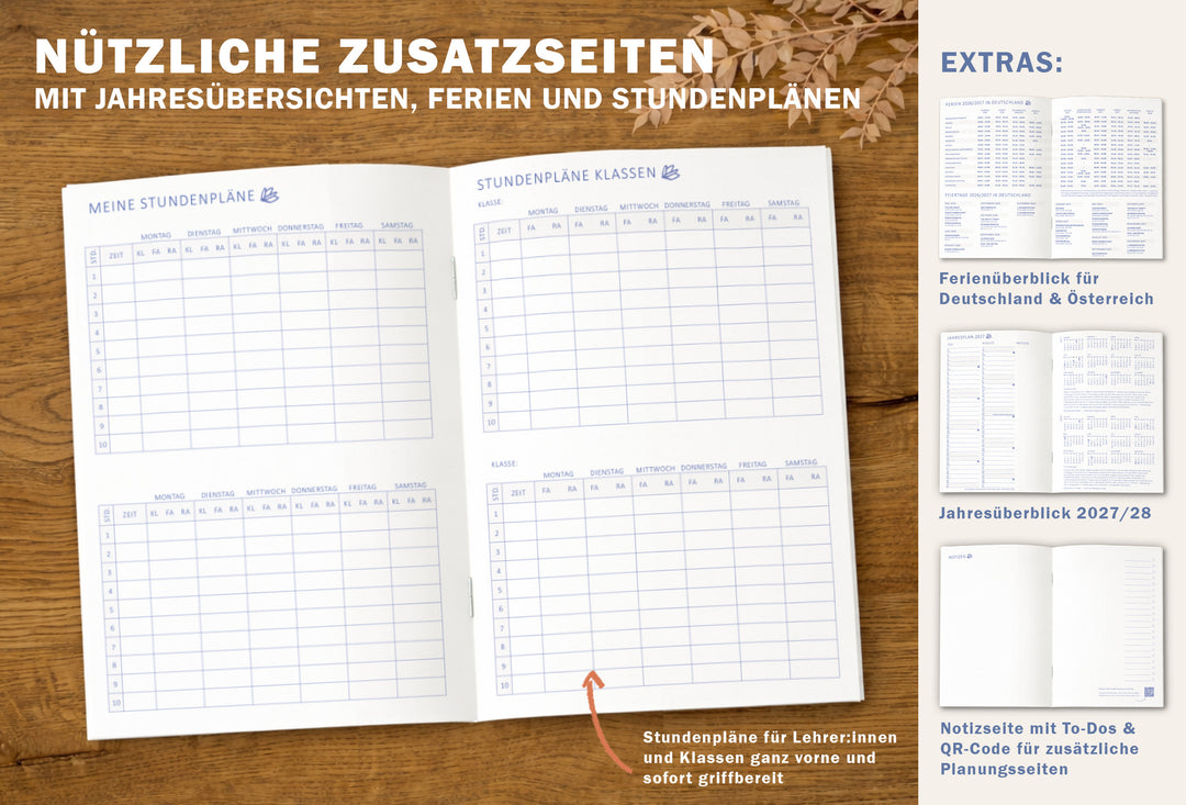 Detailansicht 120 g FSC®-Recyclingpapier im leichten Lehrerkalender Heft 2026 2027 A5 – Extras und Vorlagen
