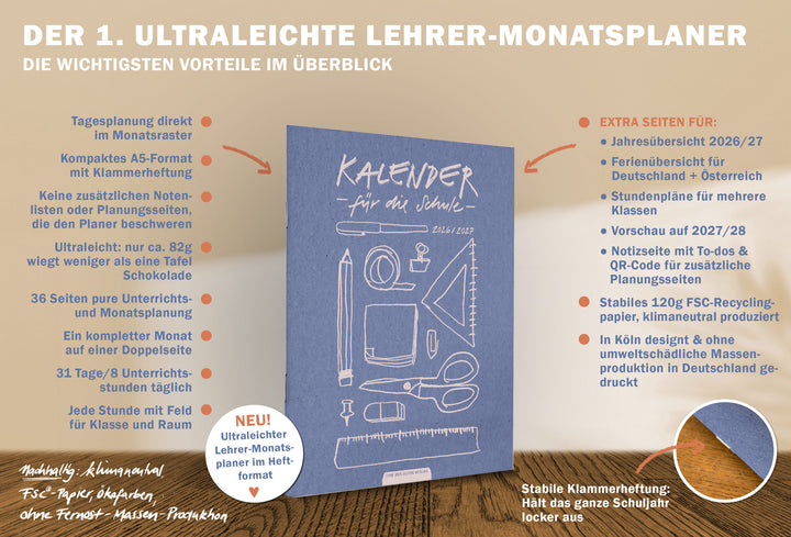 Leichte Lehrerplanung 2026/2027 im Heftformat A5 blau – kompakter Monatsplaner für Lehrkräfte, die digital Noten führen und einen schlanken Schulplaner brauchen