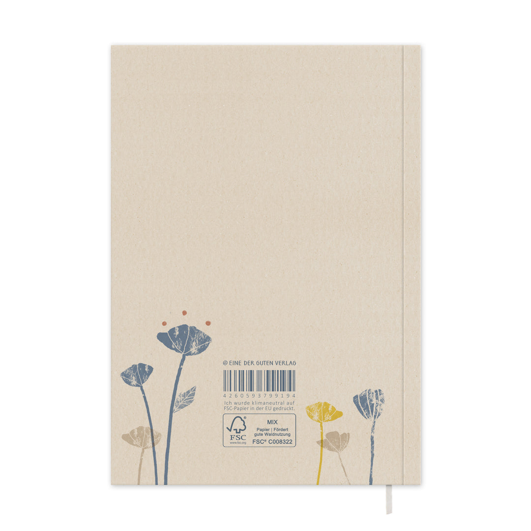 Rückseite A5 Softcover mit FSC-MIX-Siegel und Hinweis klimaneutral auf FSC-Papier in der EU gedruckt