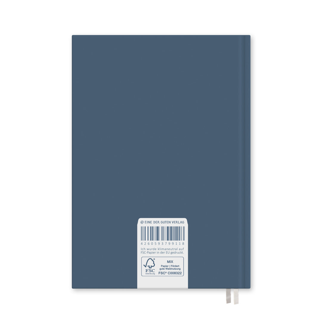 Rückseite A5 Hardcover mit FSC-MIX-Siegel und Hinweis klimaneutral auf FSC-Papier in der EU gedruckt