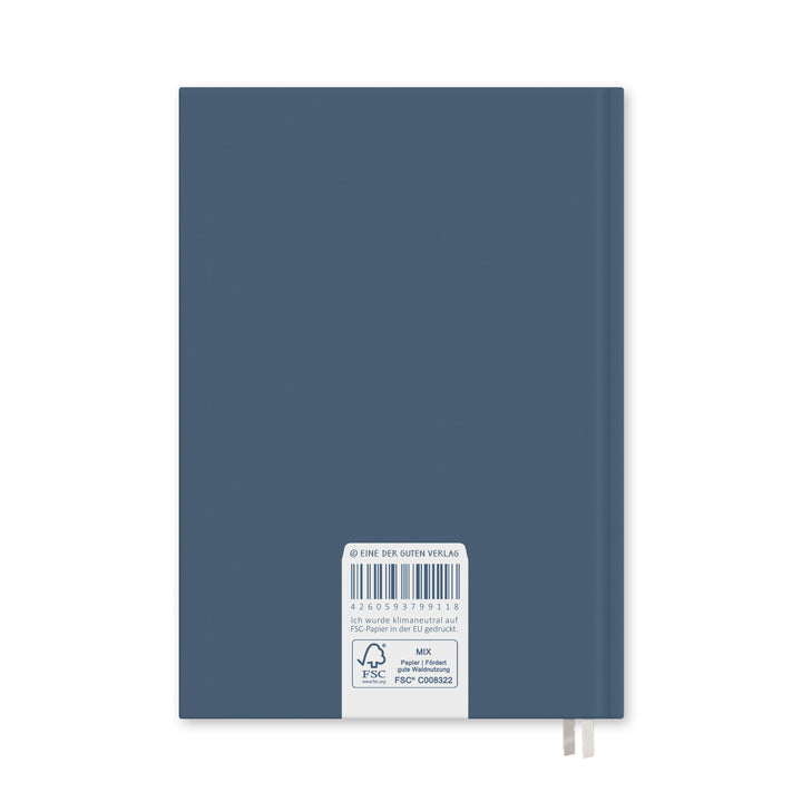 Rückseite A5 Hardcover mit FSC-MIX-Siegel und Hinweis klimaneutral auf FSC-Papier in der EU gedruckt