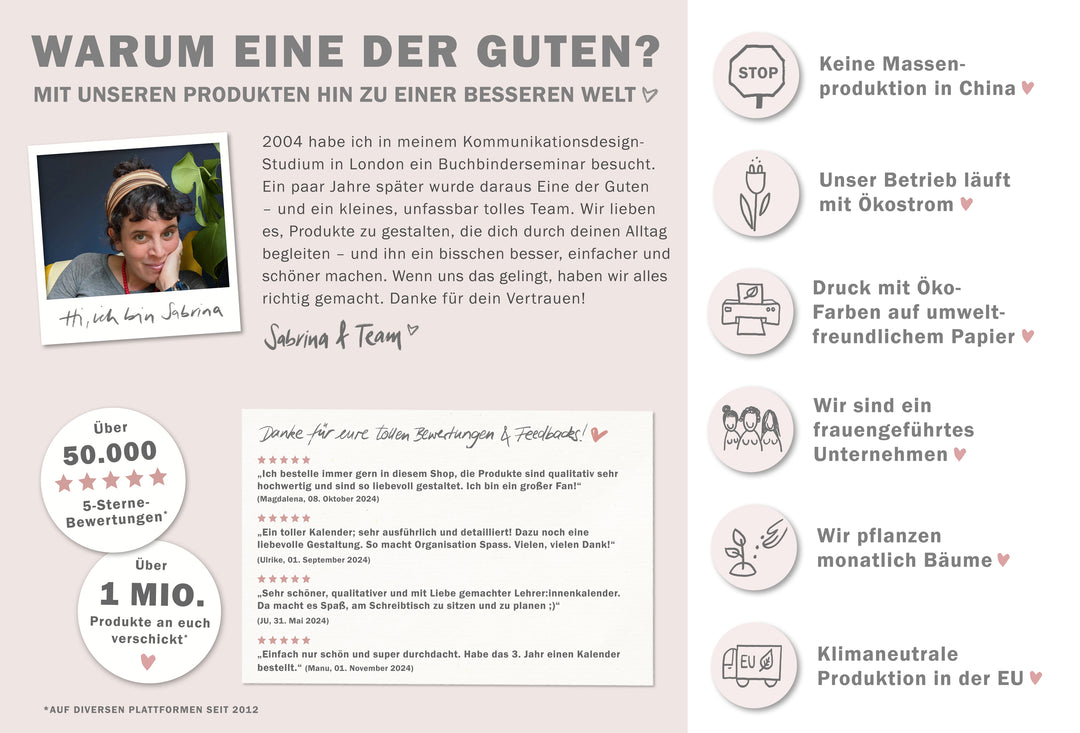 Eine der Guten Verlag, frauengeführt, Ökostrom, FSC-Papier, klimaneutrale Produktion in der EU