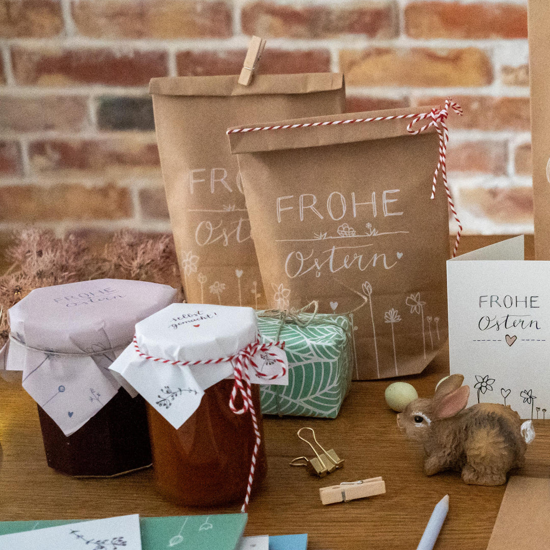 25 Marmeladendeckchen - Frohe Ostern | Gläserdeckchen blau für Marmelade & Einmachgläser | Recyclingpapier Abreißblock + 10 m Jute Garn + Justiergummi
