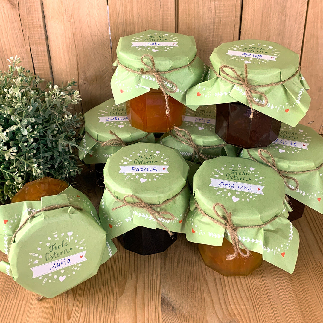 25 Marmeladendeckchen - Frohe Ostern | Gläserdeckchen GRÜN für Marmelade & Einmachgläser | Recyclingpapier Abreißblock + 10 m Garn + Justiergummi