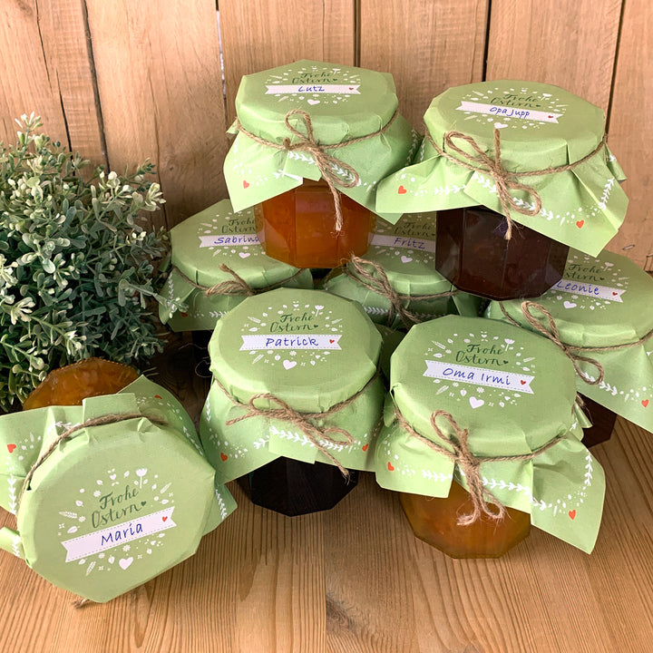 25 Marmeladendeckchen - Frohe Ostern | Gläserdeckchen GRÜN für Marmelade & Einmachgläser | Recyclingpapier Abreißblock + 10 m Garn + Justiergummi