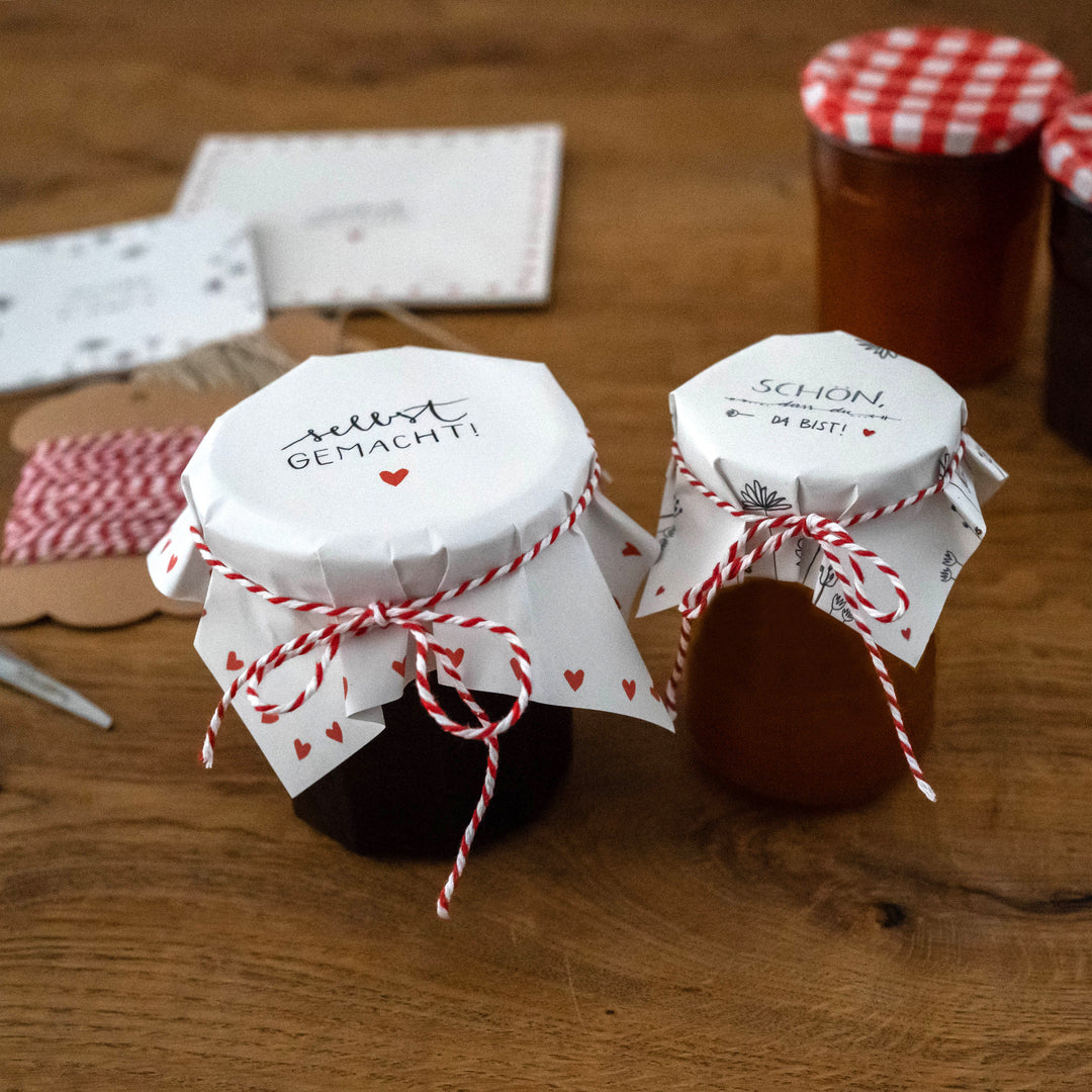 Papier Marmeladendeckchen klein für Marmelade, Weiß mit Blumen