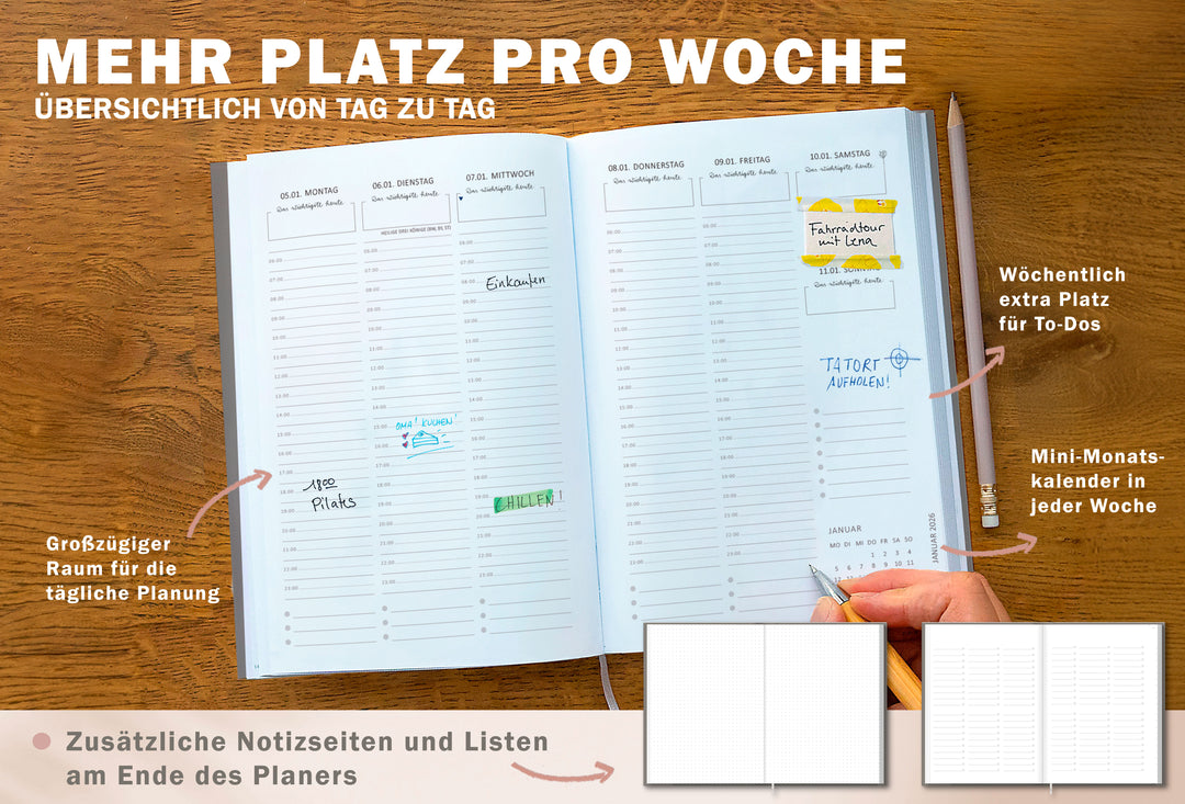 Detailansicht Wochenübersicht A5 Terminkalender 2026, grau beige weiß mit Blumen