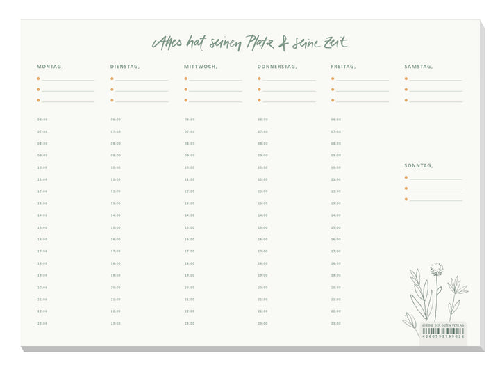 Wochenplaner A4 Abreißblock mit Stunden von 6–23 Uhr aus Recyclingpapier