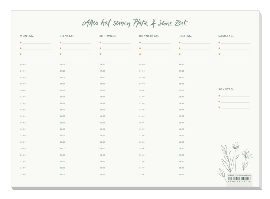 Wochenplaner A4 Abreißblock mit Stunden von 6–23 Uhr aus Recyclingpapier