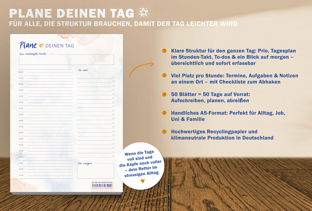 Nachhaltiger Tagesplaner A5 mit Zeitstrahl und Aufgabenliste