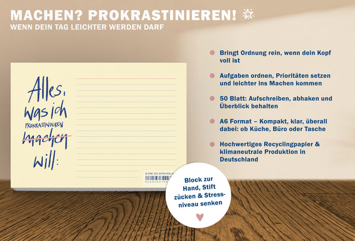 Nachhaltiger Abreissblock in A6 mit Linien zum Prokrastinieren