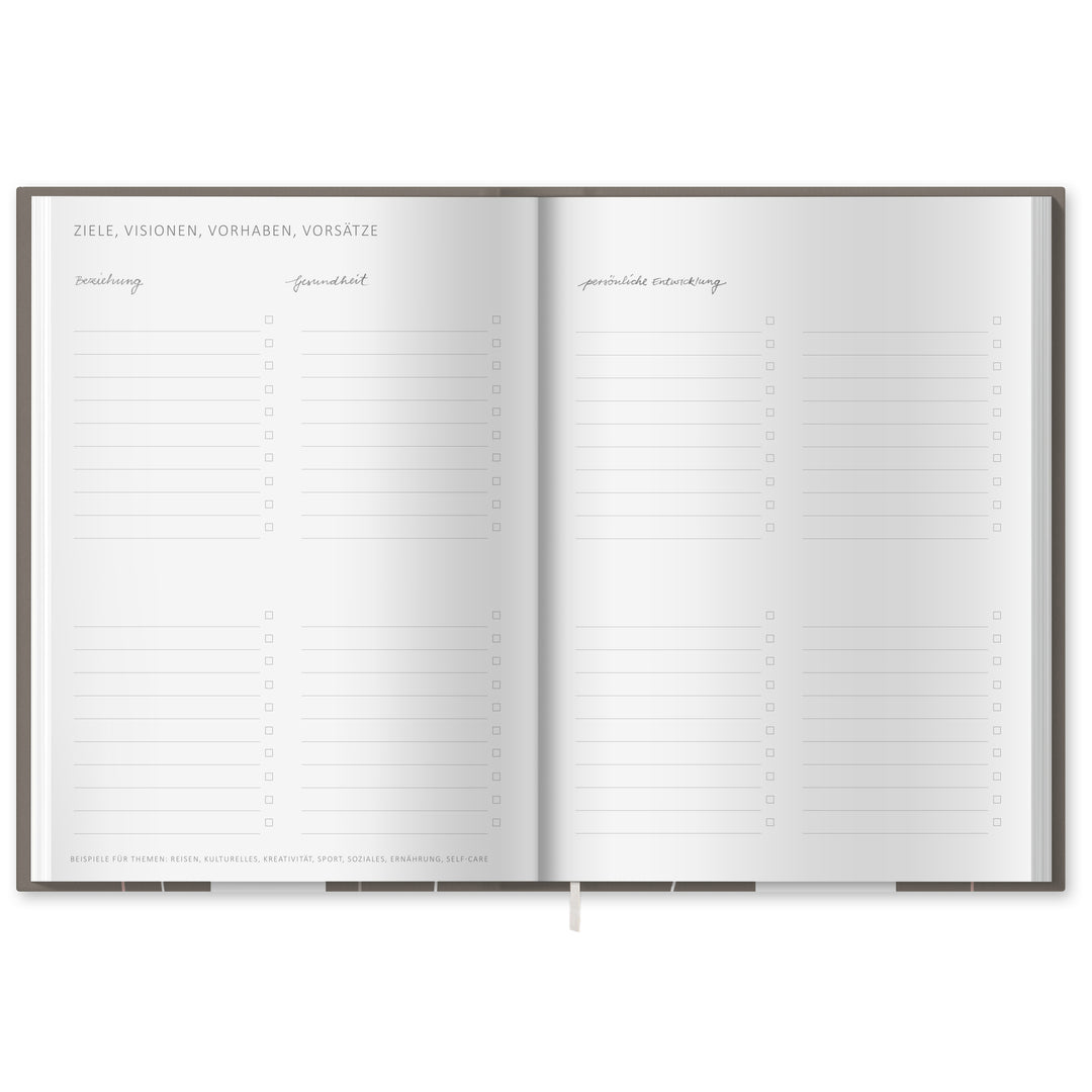 A5 Terminkalender - Kalender ohne Jahr quer | Wochenplaner und Achtsamkeit Notizbuch | Hardcover Taschenkalender & Terminplaner | Grau Beige Weiß, Blumen