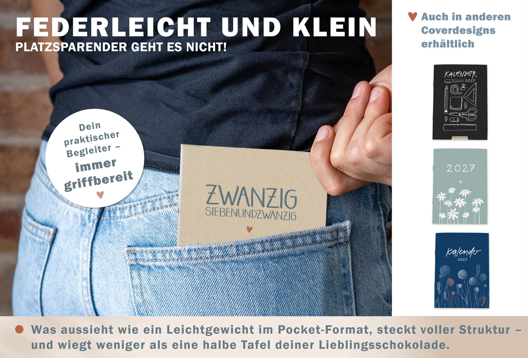 Kompakter A6 Jahreskalender 2027 in Creme mit Softcover, platzsparend in der Hosentasche