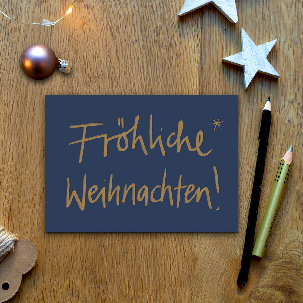 Weihnachtskarte blau gold – Fröhliche Weihnachten – A6 Recyclingpapier Postkarten