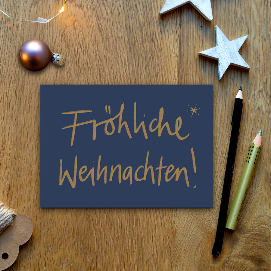 Weihnachtskarte blau gold – Fröhliche Weihnachten – A6 Recyclingpapier Postkarten