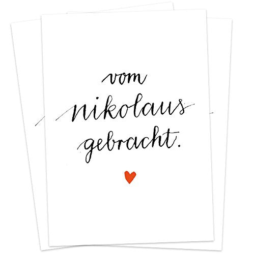 Weihnachtskarten - vom Nikolaus gebracht! | Recyclingpapier Postkarten | schlichtes Kalligrafie Design | Weiß Schwarz