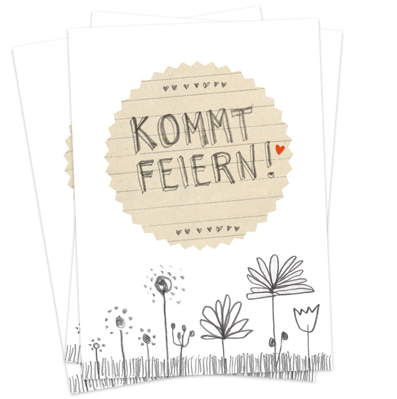 3-100 Postkarten - Kommt Feiern! - Einladungskarten, Handlettering Bleistift Design, Grau Weiß Beige - für deine Party oder Geburtstagseinladung