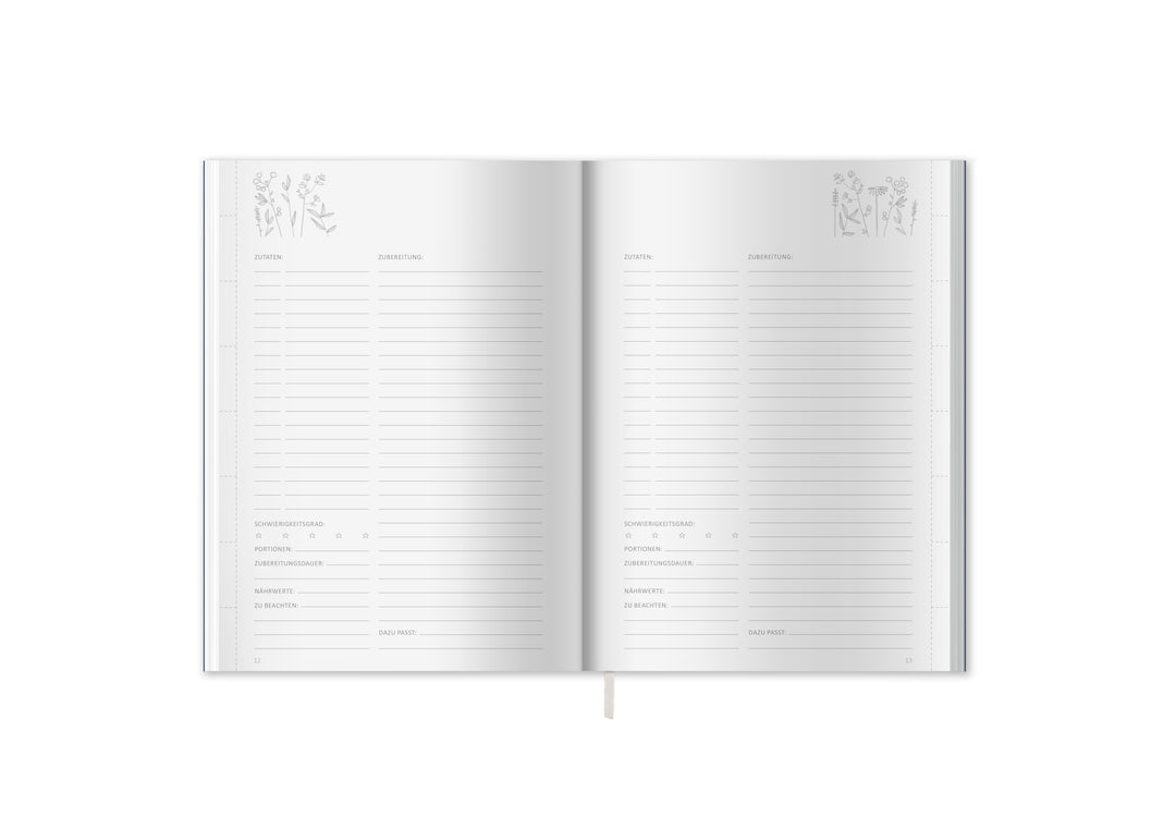 Rezeptbuch A5 zum Selberschreiben - Lieblingsrezepte für die Seele | DIY Kochbuch, Backbuch, Geschenkidee | Blau Weiß Orange Kräuter Design, FSC Papier, Softcover