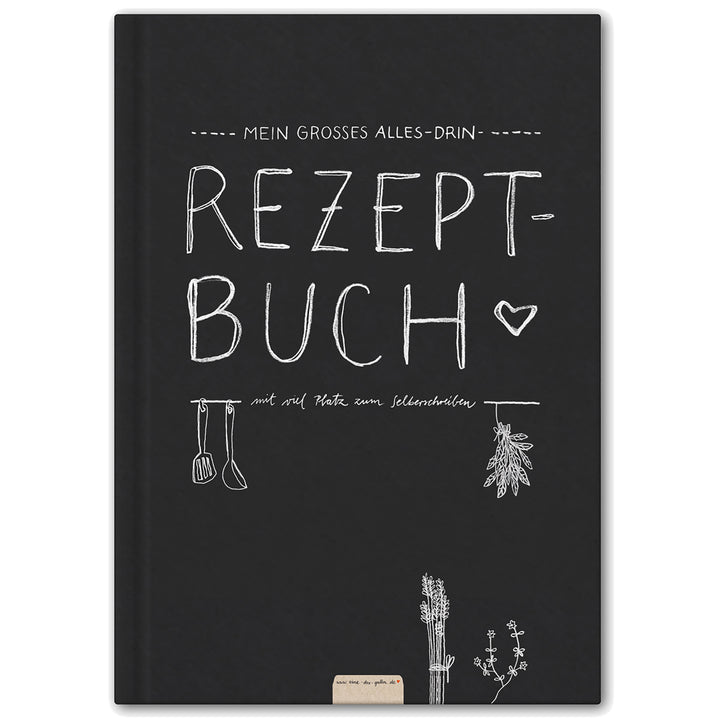 Großes XXL alles-drin A4 Rezeptbuch zum Selberschreiben, DIY Kochbuch, Tafel Design in Schwarz Weiß,  FSC Papier, Hardcover, 21 x 30 cm