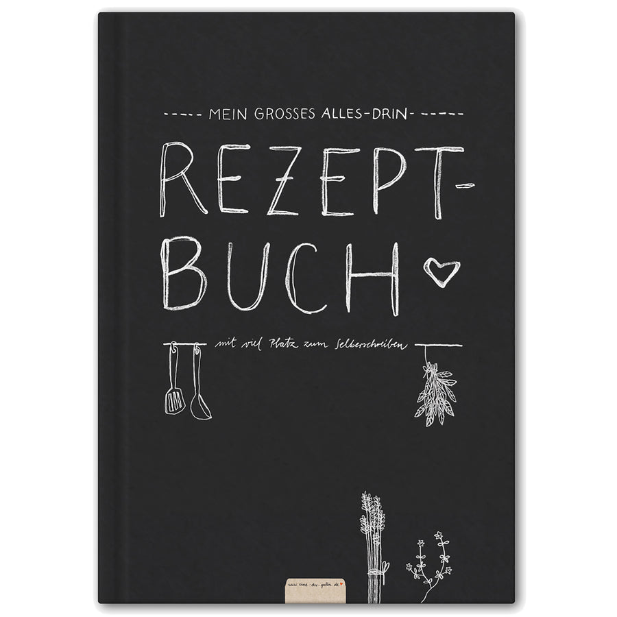Großes XXL alles-drin A4 Rezeptbuch zum Selberschreiben, DIY Kochbuch, Tafel Design in Schwarz Weiß,  FSC Papier, Hardcover, 21 x 30 cm