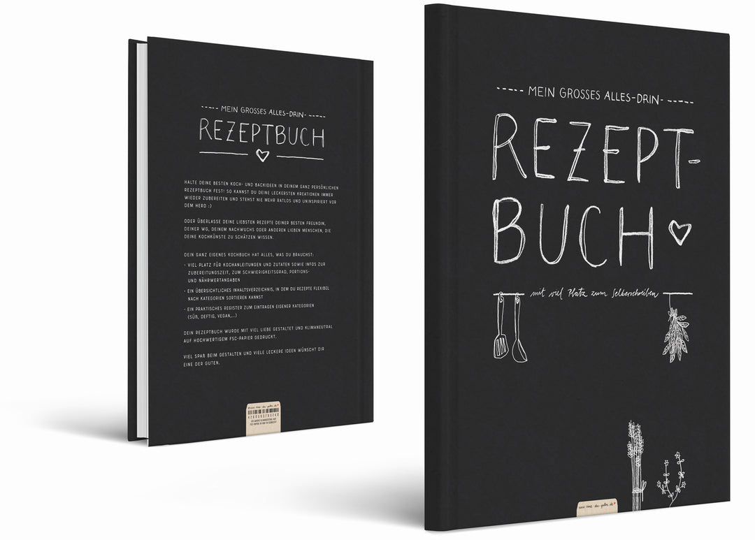 Großes XXL alles-drin A4 Rezeptbuch zum Selberschreiben, DIY Kochbuch, Tafel Design in Schwarz Weiß,  FSC Papier, Hardcover, 21 x 30 cm