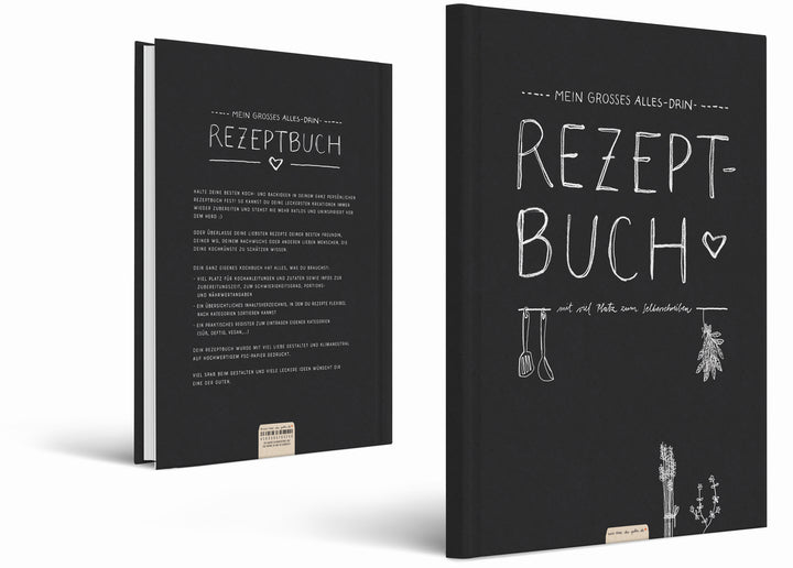 Großes XXL alles-drin A4 Rezeptbuch zum Selberschreiben, DIY Kochbuch, Tafel Design in Schwarz Weiß,  FSC Papier, Hardcover, 21 x 30 cm