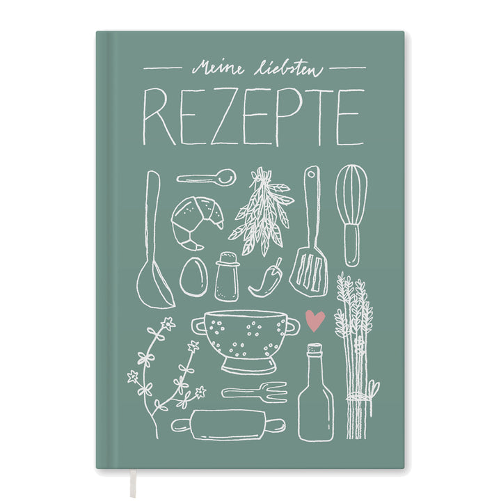 Großes XXL Rezeptbuch in A4 zum Selberschreiben - Meine liebsten Rezepte | DIY Kochbuch, Design in Mint Weiß Rosa, FSC Papier, Hardcover, 21x30 cm