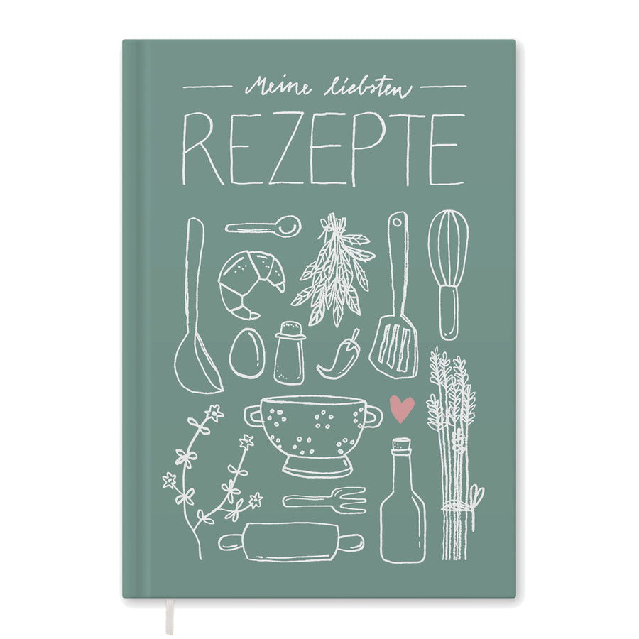 Großes XXL Rezeptbuch in A4 zum Selberschreiben - Meine liebsten Rezepte | DIY Kochbuch, Design in Mint Weiß Rosa, FSC Papier, Hardcover, 21x30 cm
