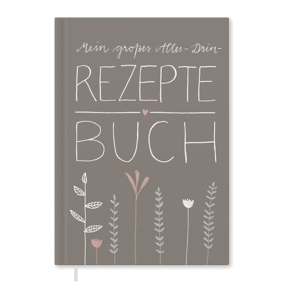 Großes XXL alles-drin A4 Rezeptbuch zum Selberschreiben, DIY Kochbuch, Blumen Design in Beige Weiß Rosa, FSC Papier, Hardcover, 21 x 30 cm